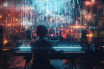A music producer in a high-tech studio with neon cityscape lights and advanced digital interfaces