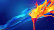 fiery olympic torch with dynamic blue waves on a dark background, with copy space for text