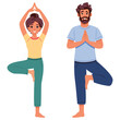 Young man and woman doing yoga tree pose Vrikshasana. Fitness concept. Flat vector illustration on white