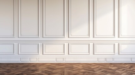 Wall Mural - Beautiful White classic wall background, brown parquet floor . Generative Ai