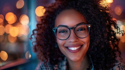 Wall Mural - Close up portrait of a beautiful smiling African American business woman wearing glasses with curly hair in a casual outfit. 