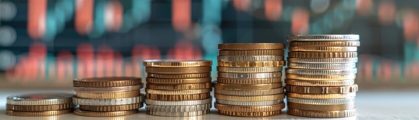 Stacks of coins with financial trade chart in the background