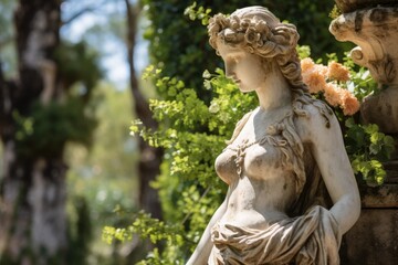 Sticker - Elegant stone statue in a lush garden