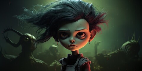 Poster - Spooky doll with dark hair and intense expression