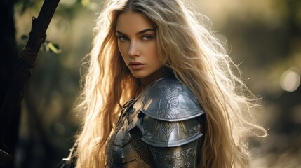 Poster - warrior woman with flowing blonde hair