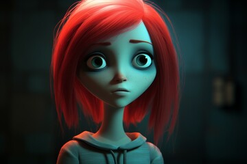 Wall Mural - Animated girl with vibrant red hair and wide eyes