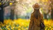 Spring Stroll: Woman Delights in Park's Blossoming Beauty and Warm Sunrays