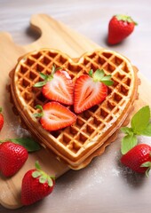 Wall Mural - heart-shaped waffles with fresh strawberries