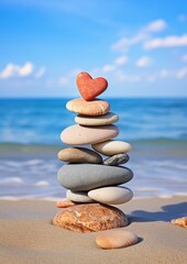 Poster - Balanced stones with red heart on beach