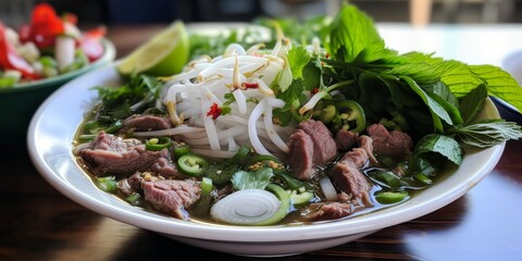 Wall Mural - Delicious Vietnamese pho noodle soup with beef, vegetables, and herbs