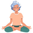 Old woman doing yoga Lotus pose Padmasana. Fitness concept. Flat vector illustration on white