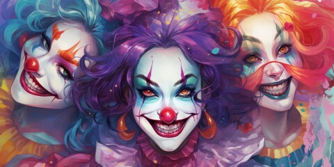 Wall Mural - Colorful clown faces with vibrant makeup and hair