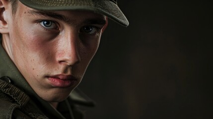 Wall Mural - studio portrait of a young soldier with intense gaze looking at camera