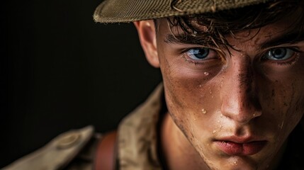 Wall Mural - studio portrait of a young soldier with intense gaze looking at camera