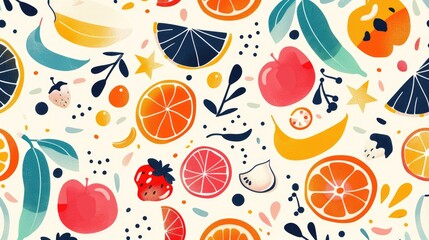 Product featuring a seamless pattern of fruits and berries, including oranges and citrus on a white background. Perfect for creative arts or incorporating into design projects AIG50