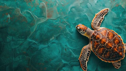 Wall Mural - Sea turtle swimming over coral reef with textured turquoise background