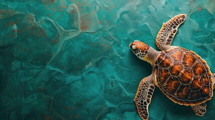 Sticker - Sea turtle swimming over coral reef with textured turquoise background