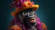 Smiling gorilla wearing floral hat and lei