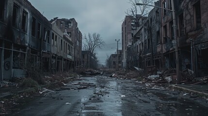 Wall Mural - Charred buildings lining an abandoned urban street post-apocalypse