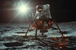 Revolutionize storytelling with a photorealistic depiction of the moon landing, offering a virtual reality experience from a worms-eye view, showcasing the astronauts perspective