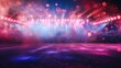 Empty stage with vibrant pink and blue lights, smoke effects, sparkling lights suggesting concert atmosphere