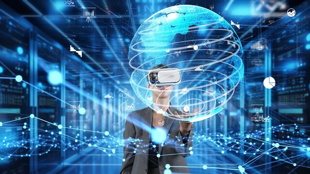 Businesswoman searching finance data dynamic world shape monitor by VR future global market excellent innovation interface digital network technology virtual hologram animation at server. Contraption.