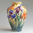 Vase Art Nouveau style adorned with vibrantly colored irises in relief