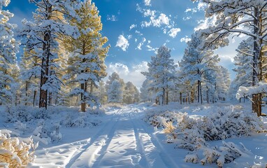 Poster - A snow-covered woodland, with evergreens laden with white powder under a crisp blue sky
