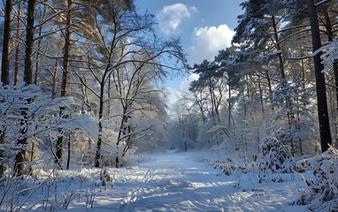Poster - A snow-covered woodland, with evergreens laden with white powder under a crisp blue sky