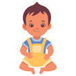 Cartoon baby boy sitting and smiling while wearing yellow overall and blue t-shirt