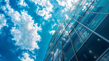 Poster - Modern office building with blue sky and white clouds. Perspective view of skyscraper.