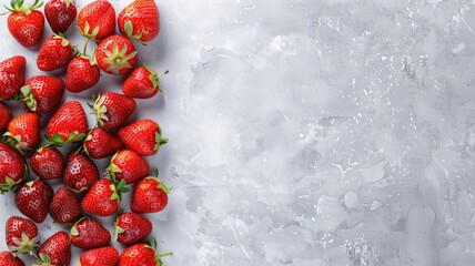 Wall Mural - Fresh strawberries arranged on left side of textured gray surface