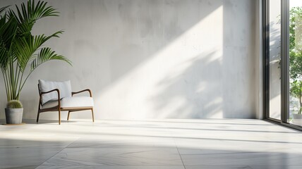 Wall Mural - Modern minimalist interior with single armchair, sunlight, and potted plant