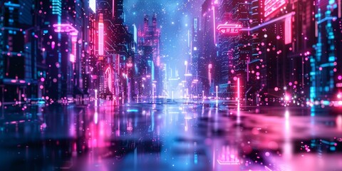 Wall Mural - Pink Cityscape: Neon Lights Adorn a City Street against a Dreamy Pink Sky.