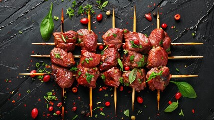 Shashlik raw beef veal shish kebab, Meat with herbs on Skewers. Black background. Top view