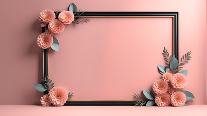 Wall Mural - A frame with pink flowers and leaves is displayed on a pink background