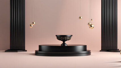 Sticker - A black and gold vase sits on a pedestal in a room with a pink wall