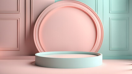 Poster - A pink and blue room with a pink and blue round table