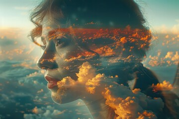 Wall Mural - A woman face silhouette Double exposure photography on a background under clouds.