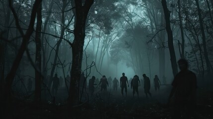 Poster - A group of people were walking through a dark forest.