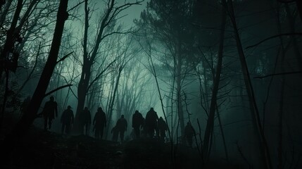 Poster - A dark forest with many shadows of people.
