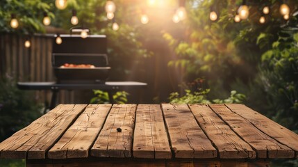 Aufkleber - Barbecue grill in the background of the backyard with an empty wooden table. family party concept