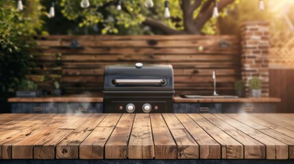 Aufkleber - Barbecue grill in the background of the backyard with an empty wooden table. family party concept