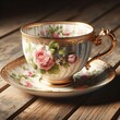 3D rendering of a vintage teacup with pink flowers