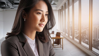 happy young asian woman indoor office female portrait cheerful businessperson standing business woman working
