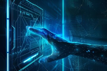 Poster - A hand touching a screen against a futuristic blue background with polygonal wireframes. Generative AI