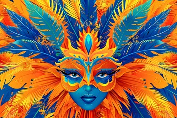 A womans face adorned with colorful feathers, creating a striking and unique appearance in the style of the Brazilian carnival. Generative AI