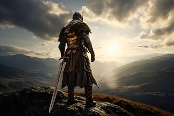 Medieval knight on the top of the mountain. 3d rendering