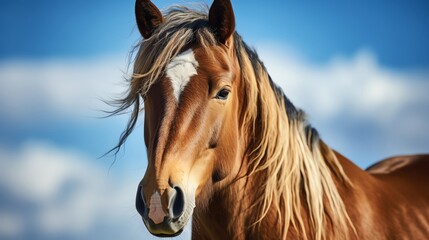 A beautiful close up of a wild mustang with a long flowing mane standing in a field of green grass