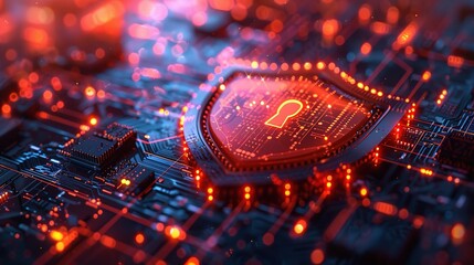 Poster - A cybersecurity concept with a shield-shaped lock surrounded by digital circuitry and encryption algorithms